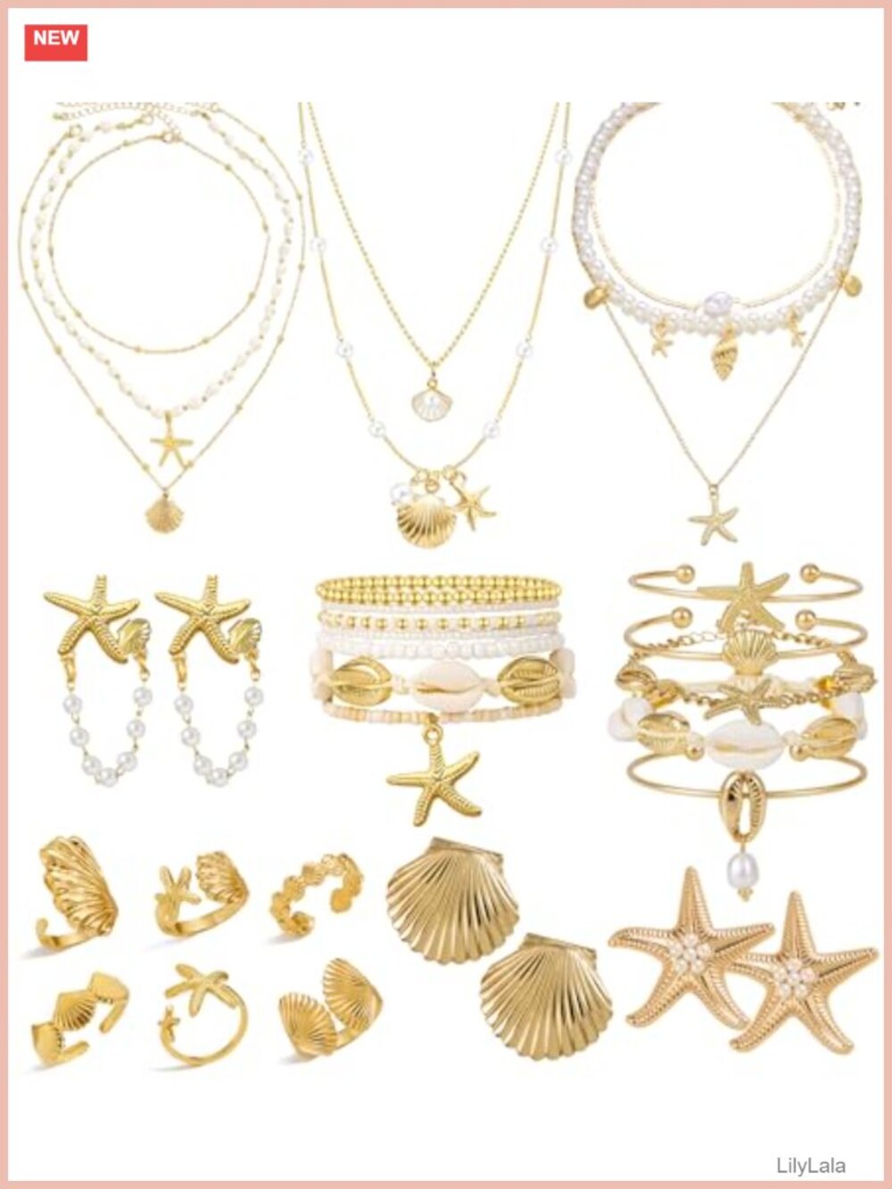 Starfish Seashell Jewelry Set 32 Pc Layered Necklaces Bracelets Rings Earrings